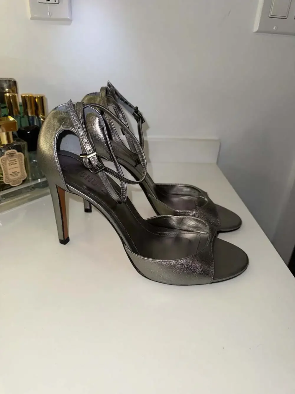 Schutz Metallic Silver Ankle Strap Stiletto Heels Size 9.5B